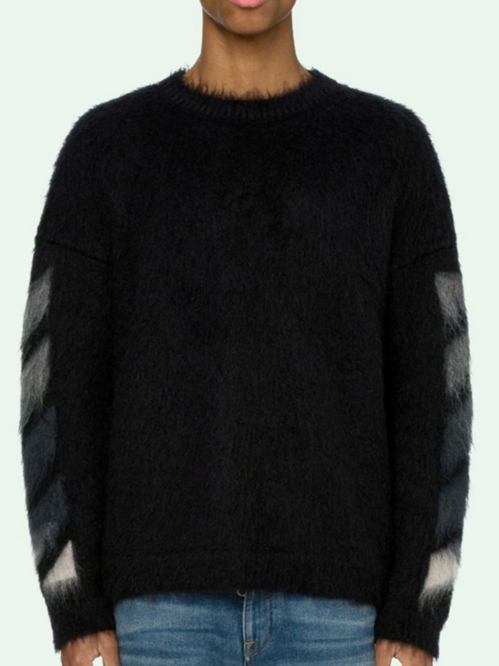 Off-White Black Crewneck Sweater with Chevron Sleeve Detail